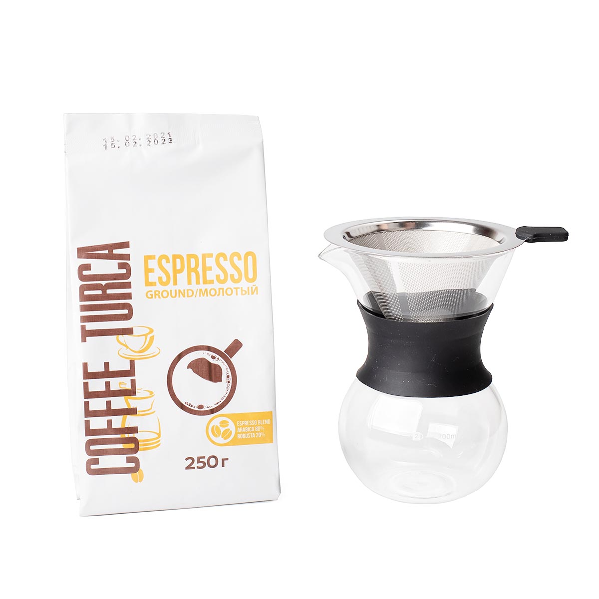 Набор, кофейник 200 мл + упаковка молотого кофе Coffee Turca 250 г