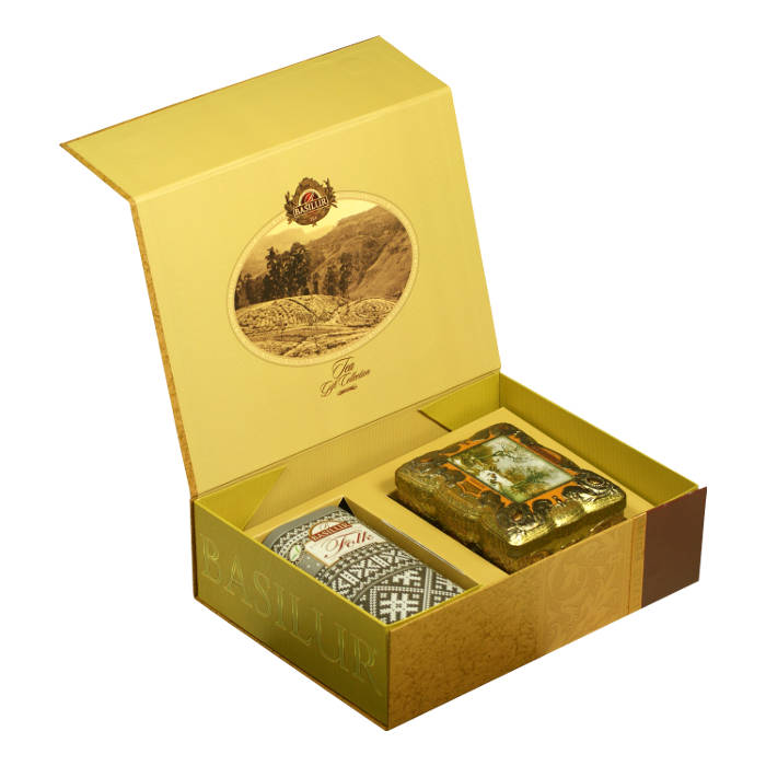 Набор Basilur "Чайный подарок" золотой (Ларец Янтарь + Фолк Черно-белый)